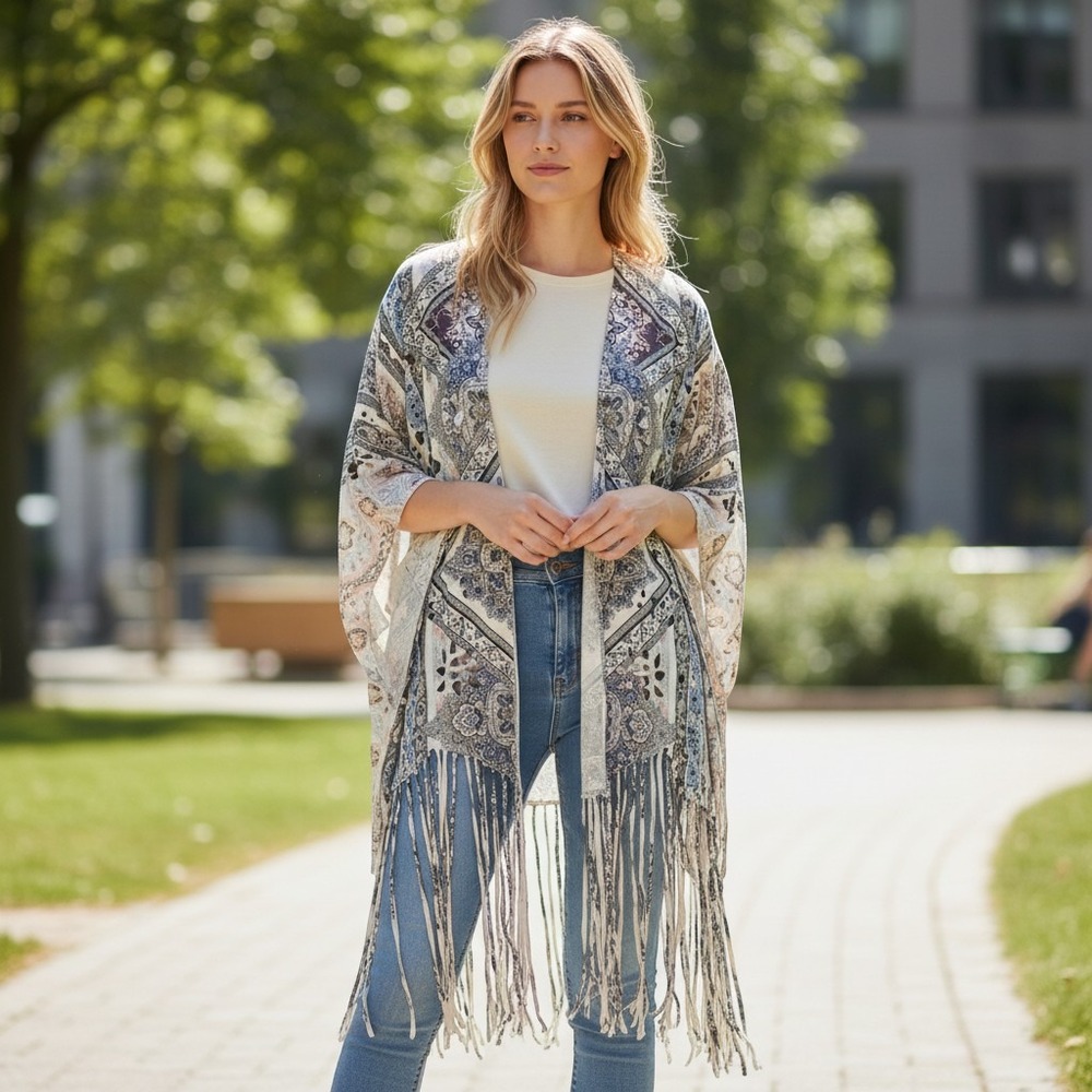 Origami Women Blue Tan Paisley Fringe Kimono Bell Sleeve Laser Cut Wrap New